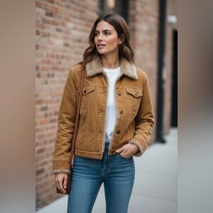 Arizona Corduroy Faux Fur Lined Button Down Jacket Size M Camel Tan Y2K Warm